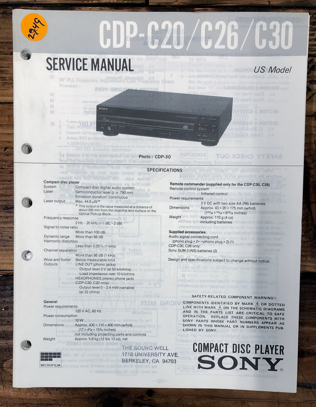Sony CDP-C20 CDP-C26 CDP-C30 CD Player Service Manual *Original*