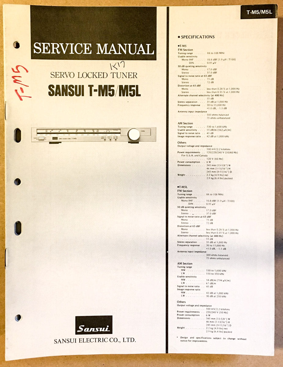 Sansui T-M5 Tuner Service Manual *Original*