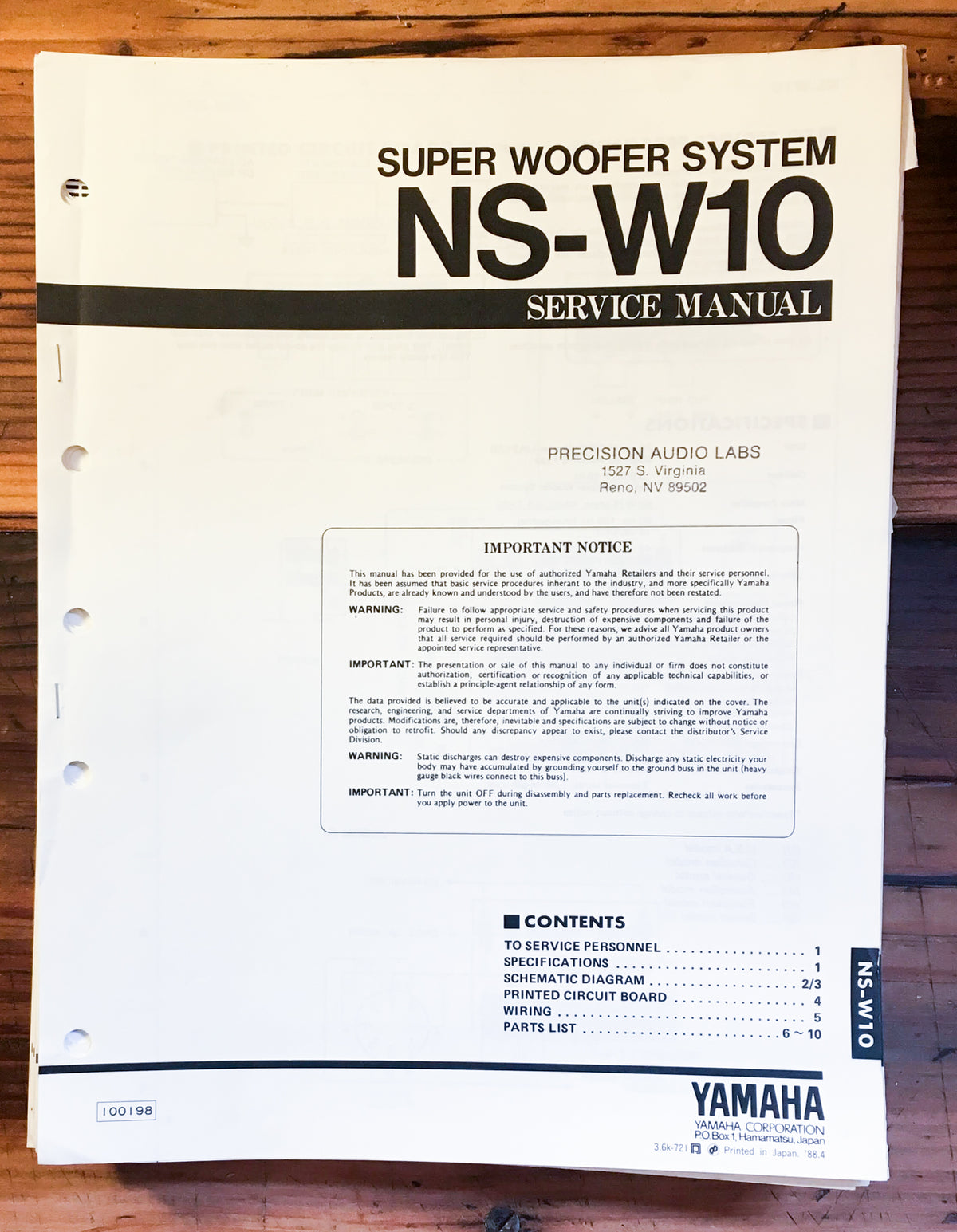 Yamaha NS-W10 Super Woofer Service Manual *Original*