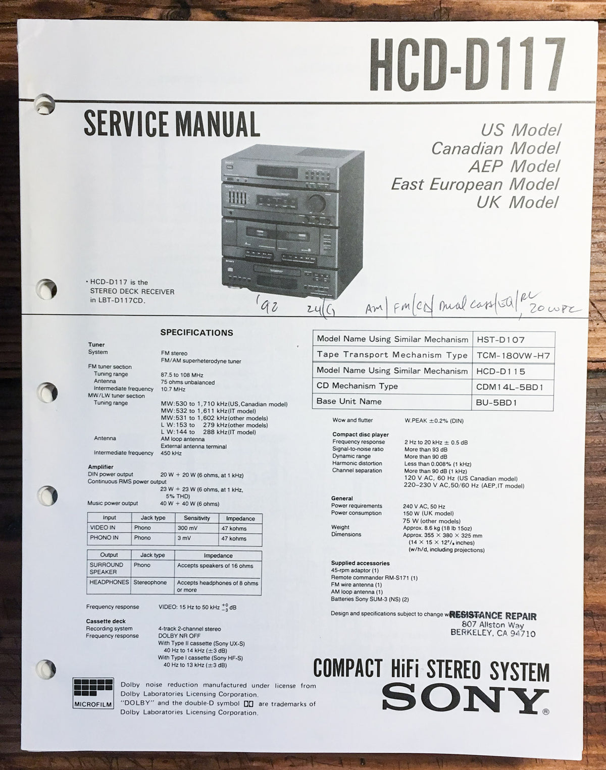 Sony HCD-D117 Stereo Service Manual *Original*