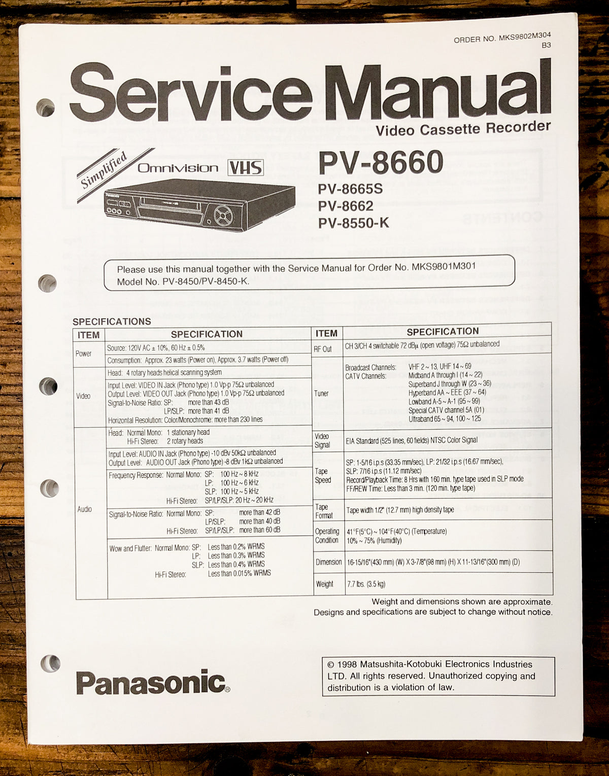 Panasonic PV-8660 -8665S -8662 -8550 VCR Service Manual *Original*