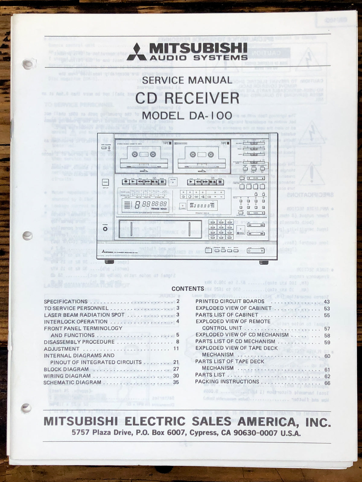 Mitsubishi DA-100 Receiver Service Manual *Original*