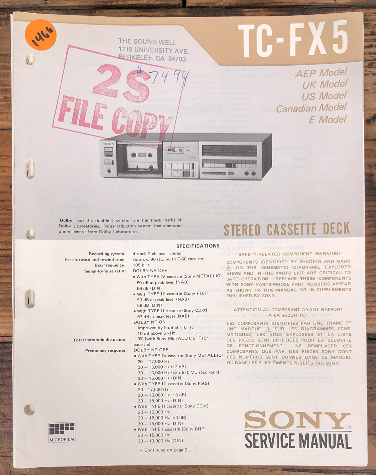Sony TC-FX5 Cassette Service Manual *Original*