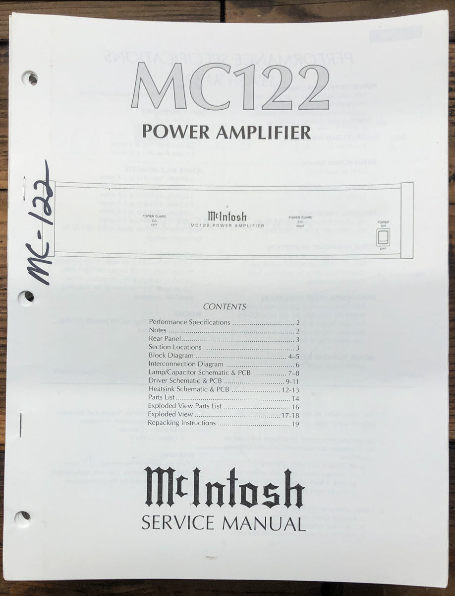 McIntosh MC122 MC-122 Amplifier Service Manual *Original*