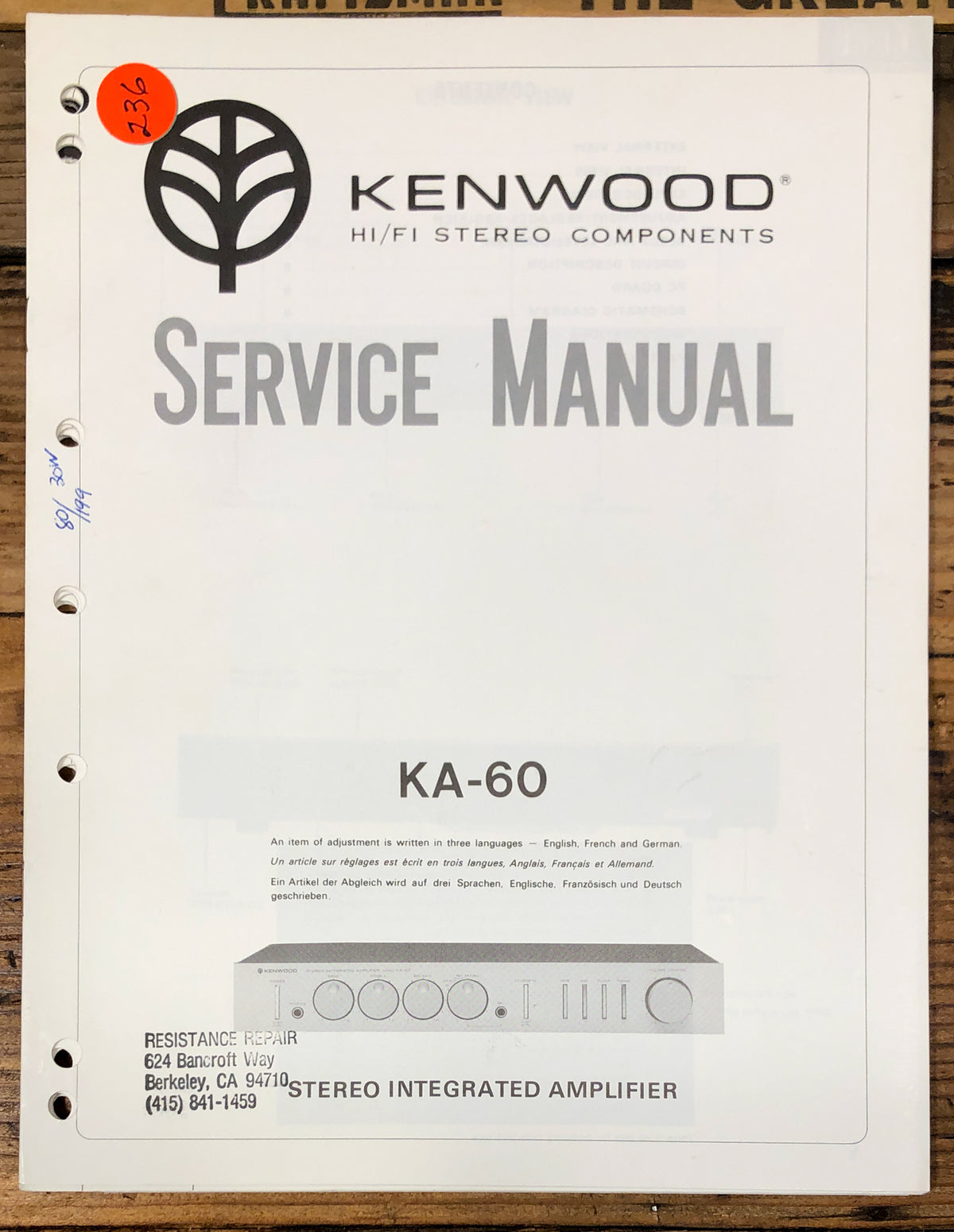 Kenwood KA-60 Amplifier Service Manual *Original*