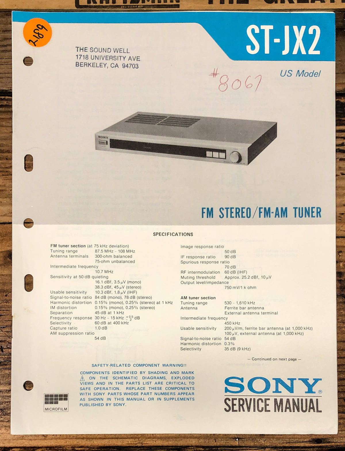 Sony ST-JX2 Tuner Service Manual *Original*