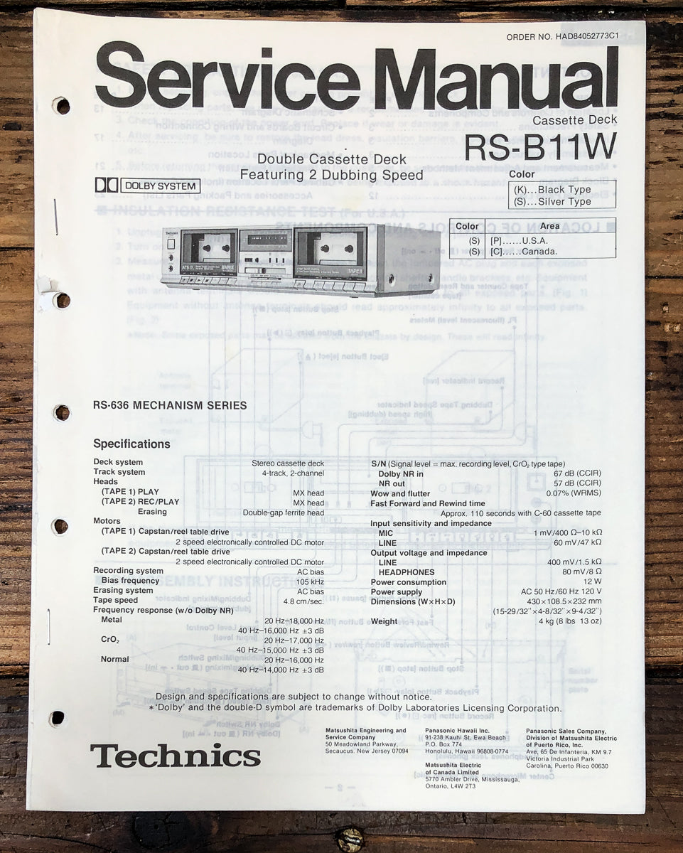 Technics RS-B11W Cassette Service Manual *Original*
