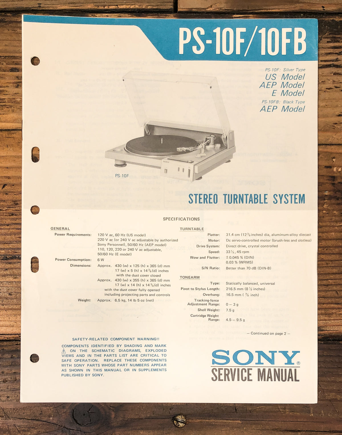 Sony PS-10F PS-10FB Record Player / Turntable Service Manual *Original*