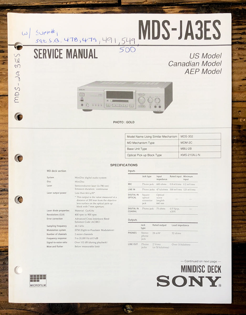 Sony MDS-JA3ES MD Deck Service Manual *Original*