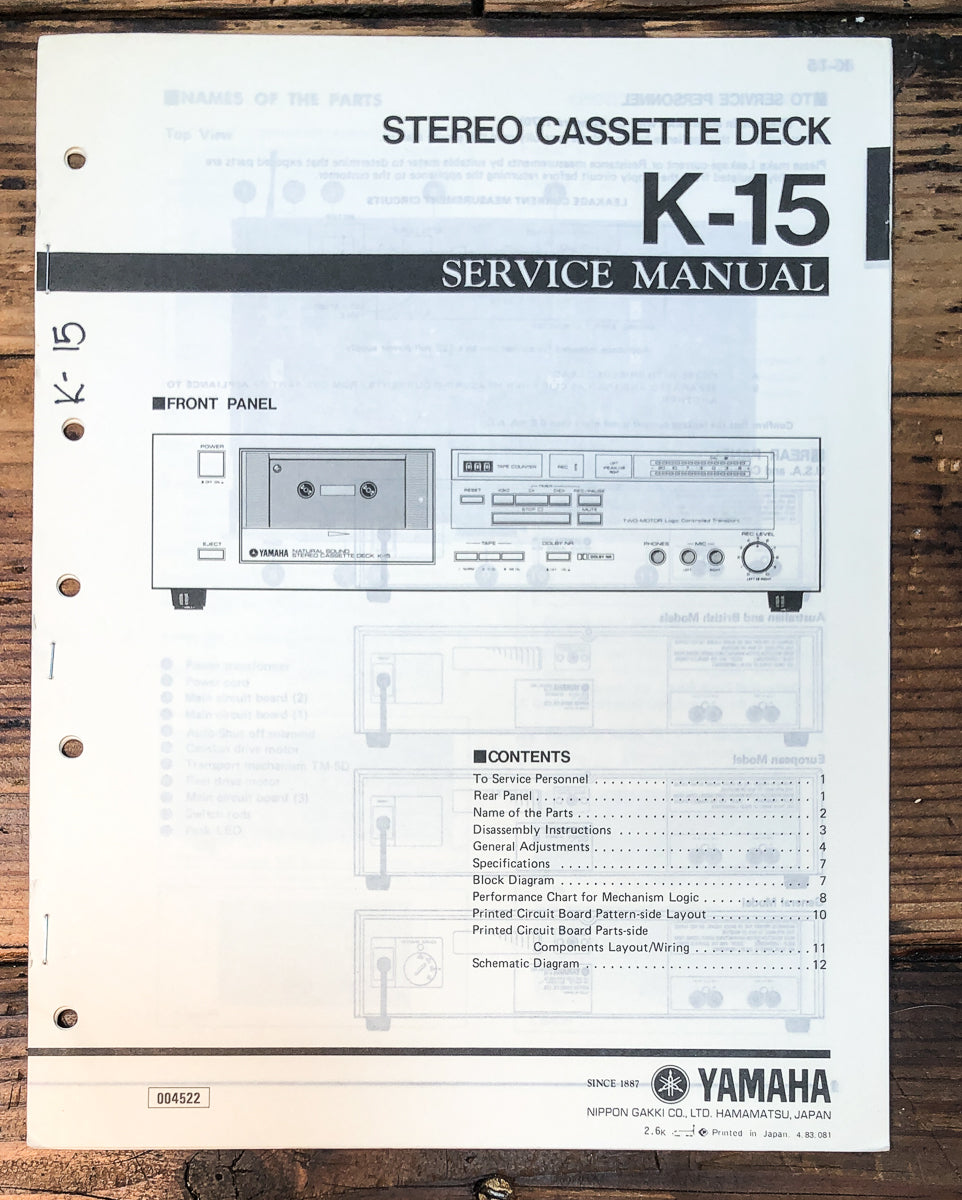 Yamaha K-15 Cassette Service Manual *Original*