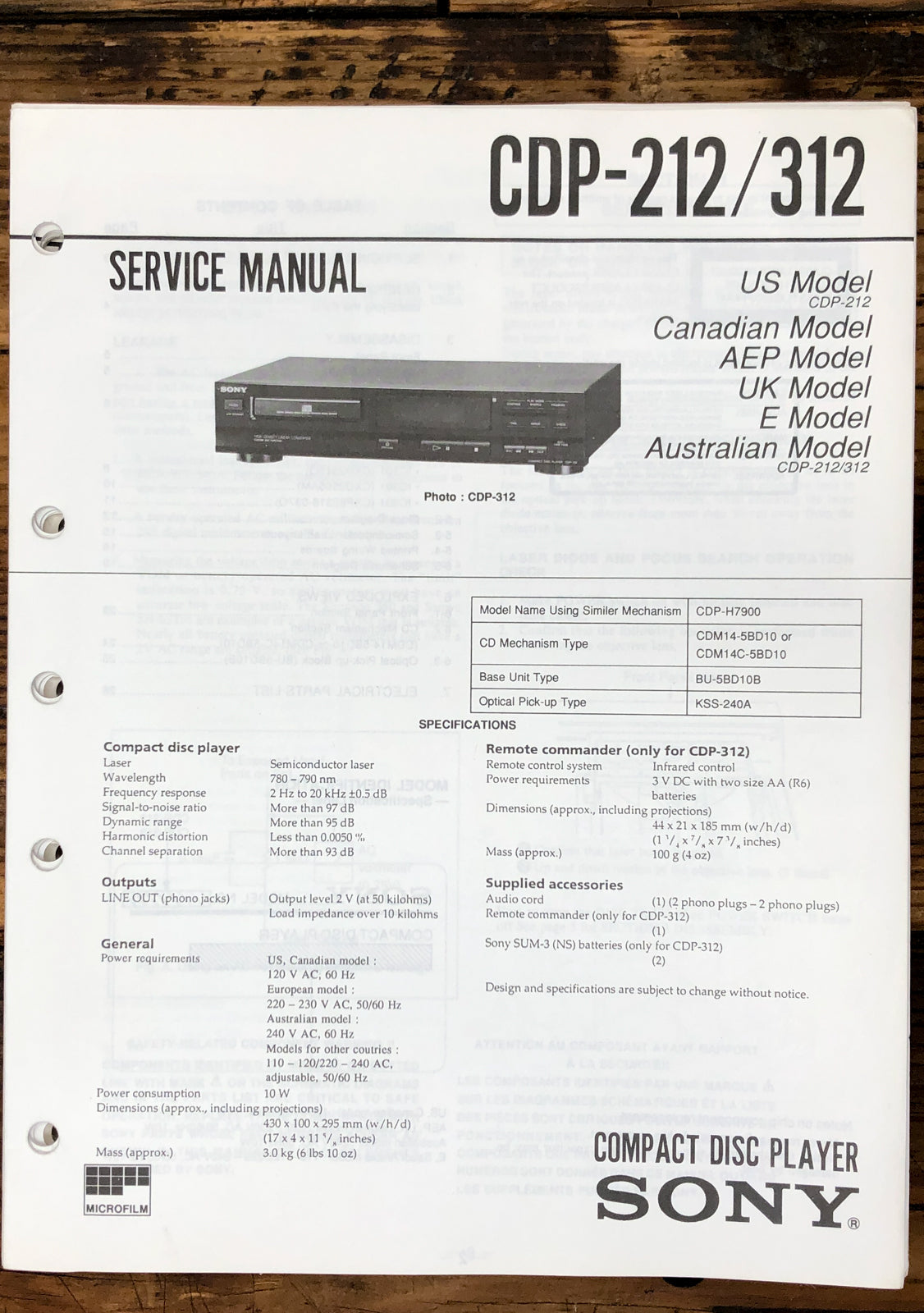 Sony CDP-212 CDP-312 CD Player Service Manual *Original*