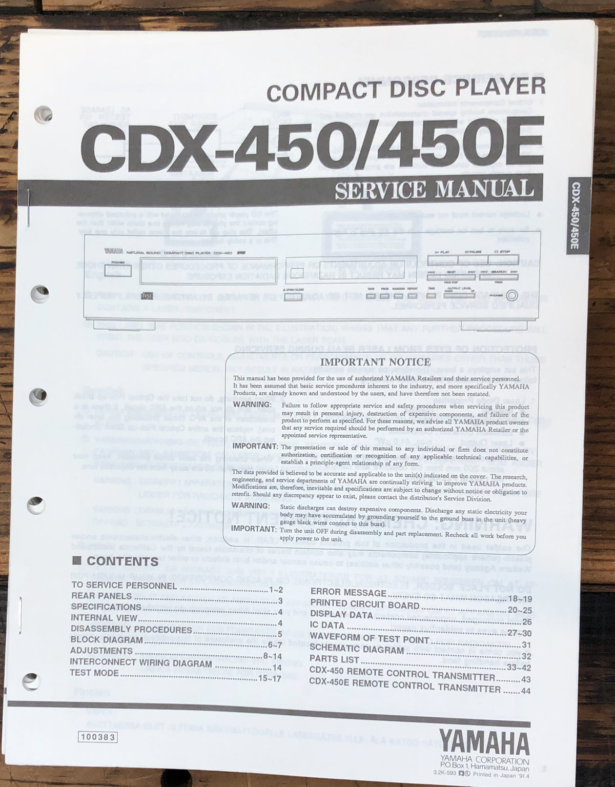 Yamaha CDX-450 CDX-450E CD Player Service Manual *Original*