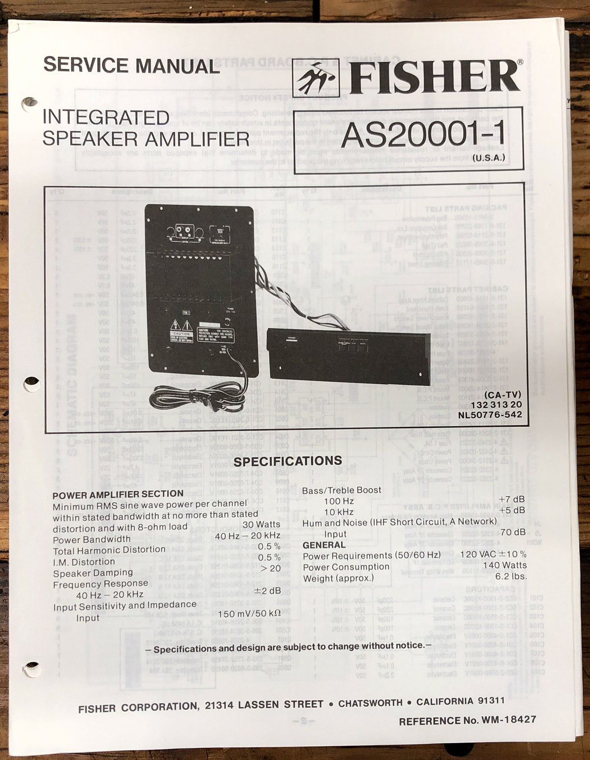 Fisher AS20001-1 Speaker / Amplifier Service Manual *Original*