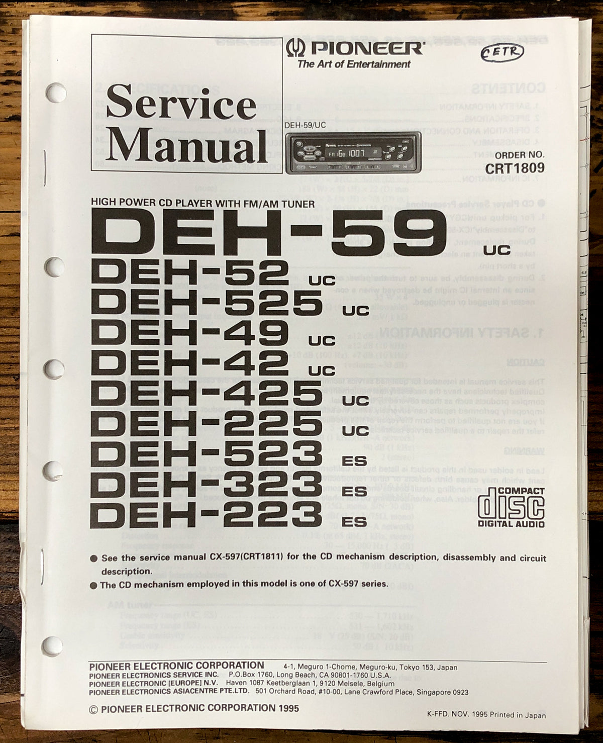 Pioneer DEH-59 -52 -525 -49 -42 -425 -225 -523 Radio Service Manual *Orig* #1