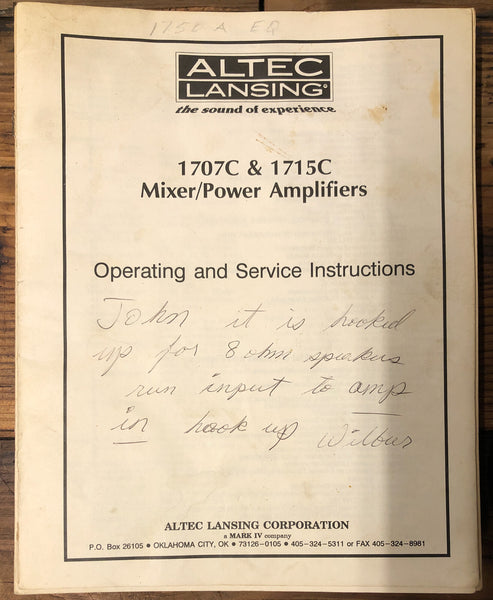 Altec Lansing 1707C 1715C Amplifier  Owners Manual & Schematic *Orig*