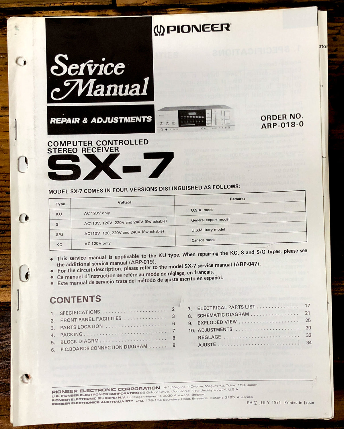 Pioneer SX-7 Receiver Service Manual *Original*