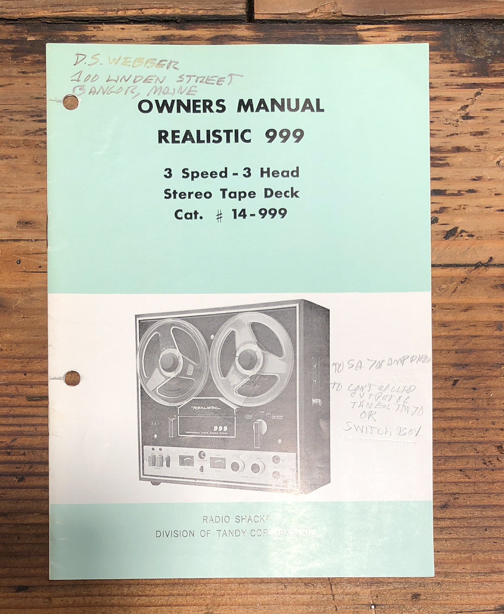 Realistic Model 999 Reel to Reel Owners / User Manual *Original*