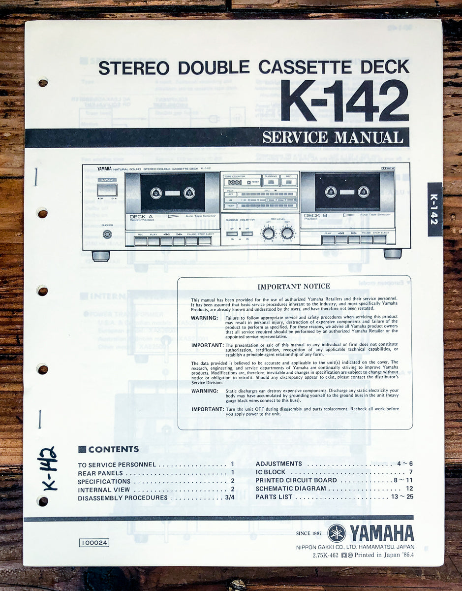 Yamaha K-142 Cassette Service Manual *Original*
