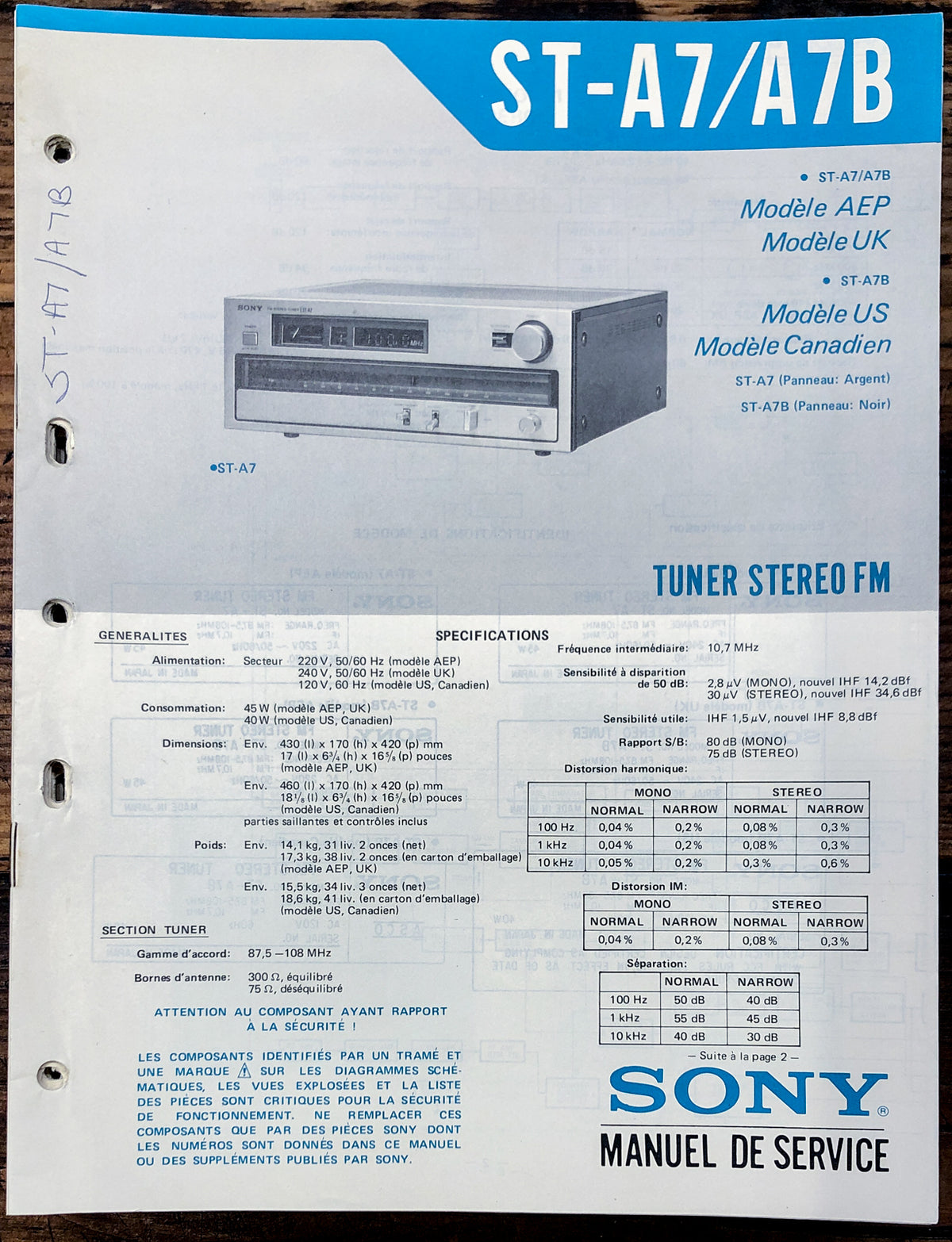 Sony ST-A7 ST-A7B Tuner Service Manual *Original*
