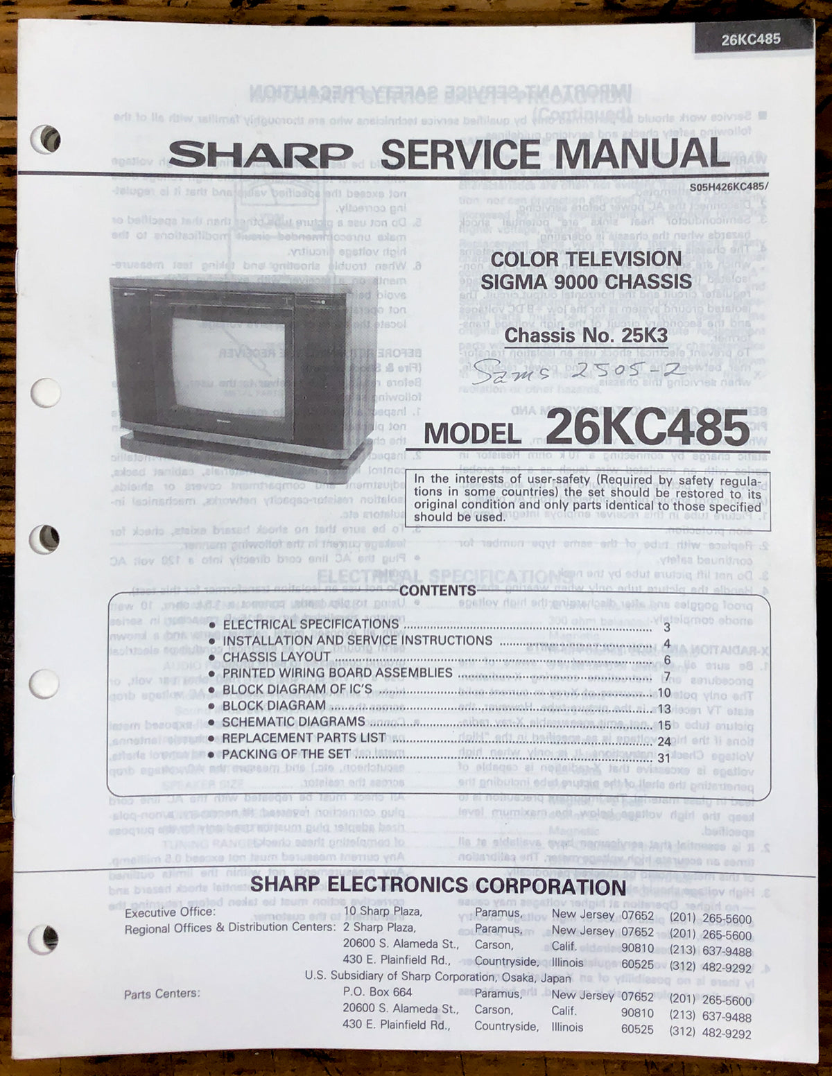 Sharp 26KC485 TV / Television Service Manual *Original*