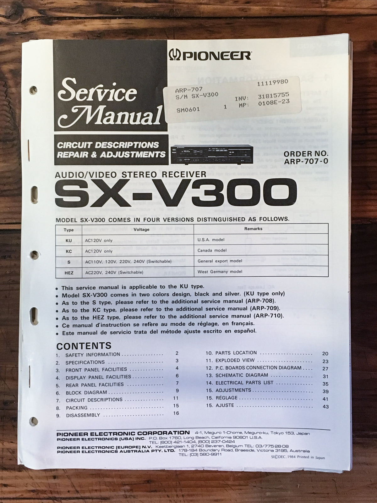 Pioneer SX-V300 Receiver Service Manual *Original*