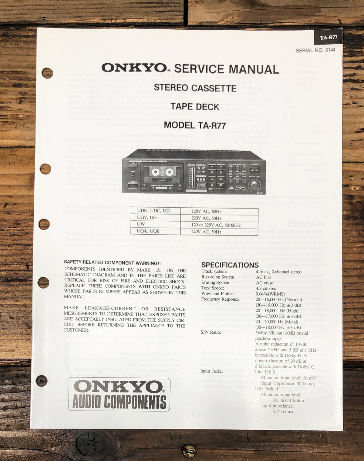 Onkyo TA-R77 Cassette Service Manual *Original*
