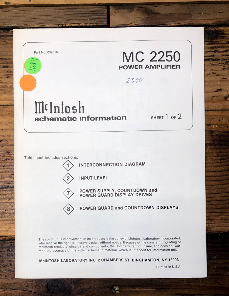 McIntosh MC-2250 Amplifier Fold Out Schematic *Original* #1
