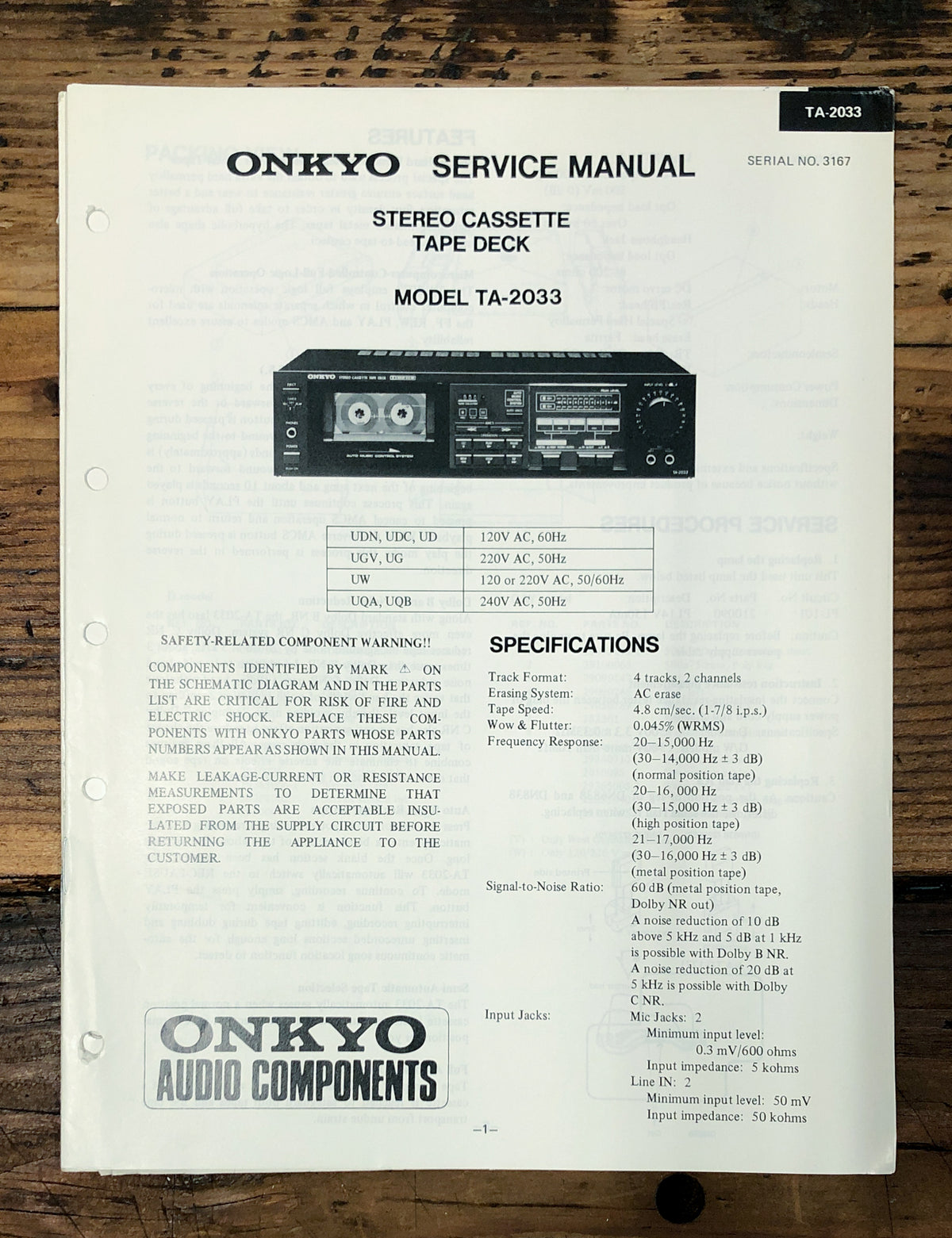 Onkyo TA-2033 Cassette Service Manual *Original*