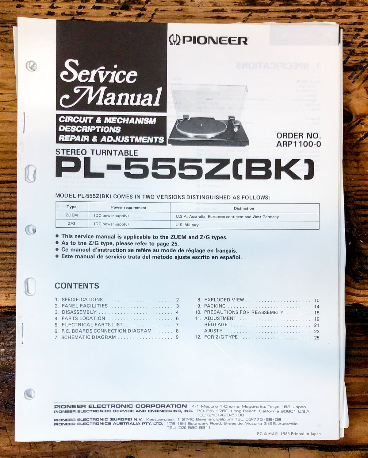 Pioneer PL-555Z Record Player / Turntable Service Manual *Original*