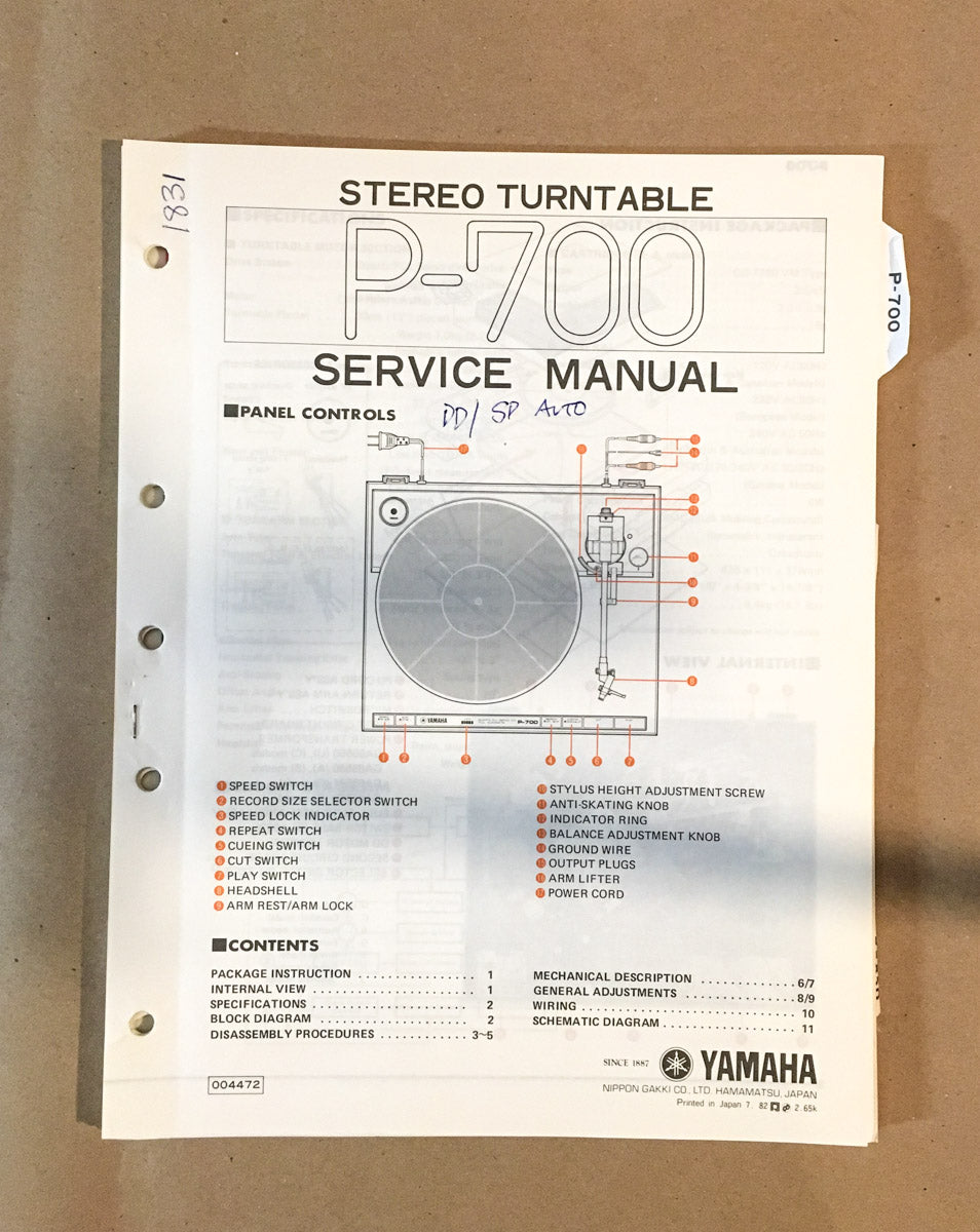 Yamaha P-700 Record Player / Turntable Service Manual *Original*