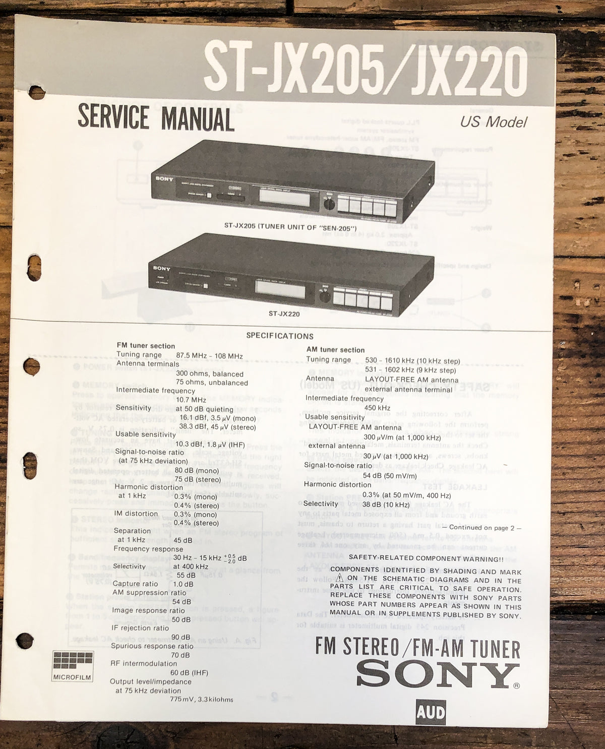 Sony ST-JX205 ST-JX220 Tuner Service Manual *Original*