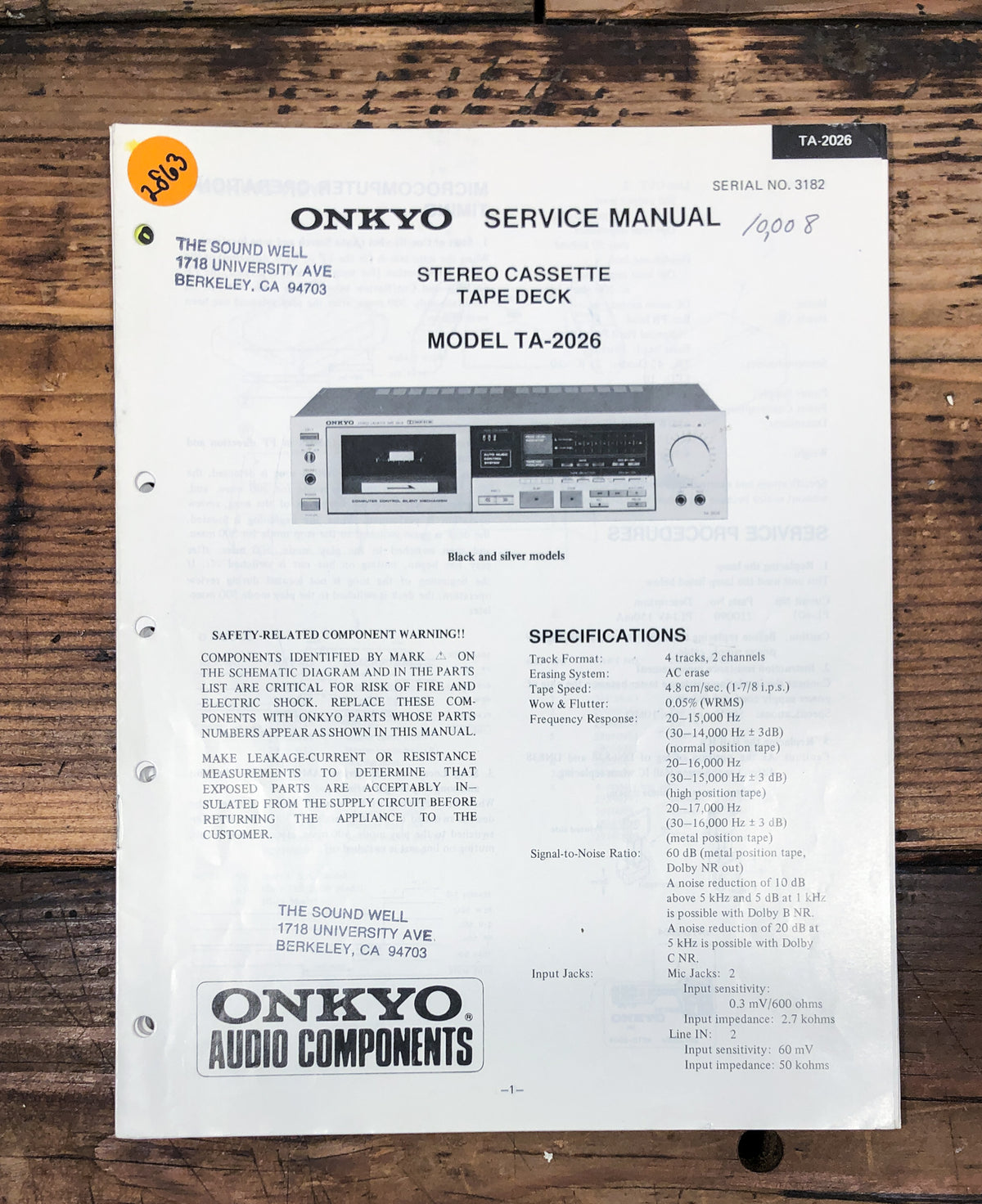 Onkyo TA-2026 Cassette Service Manual *Original*