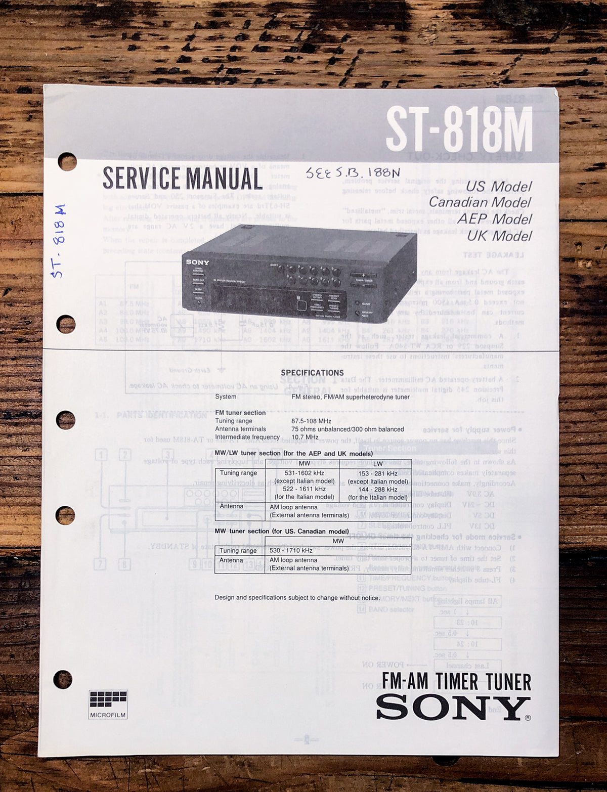 Sony ST-818M Tuner Service Manual *Original*