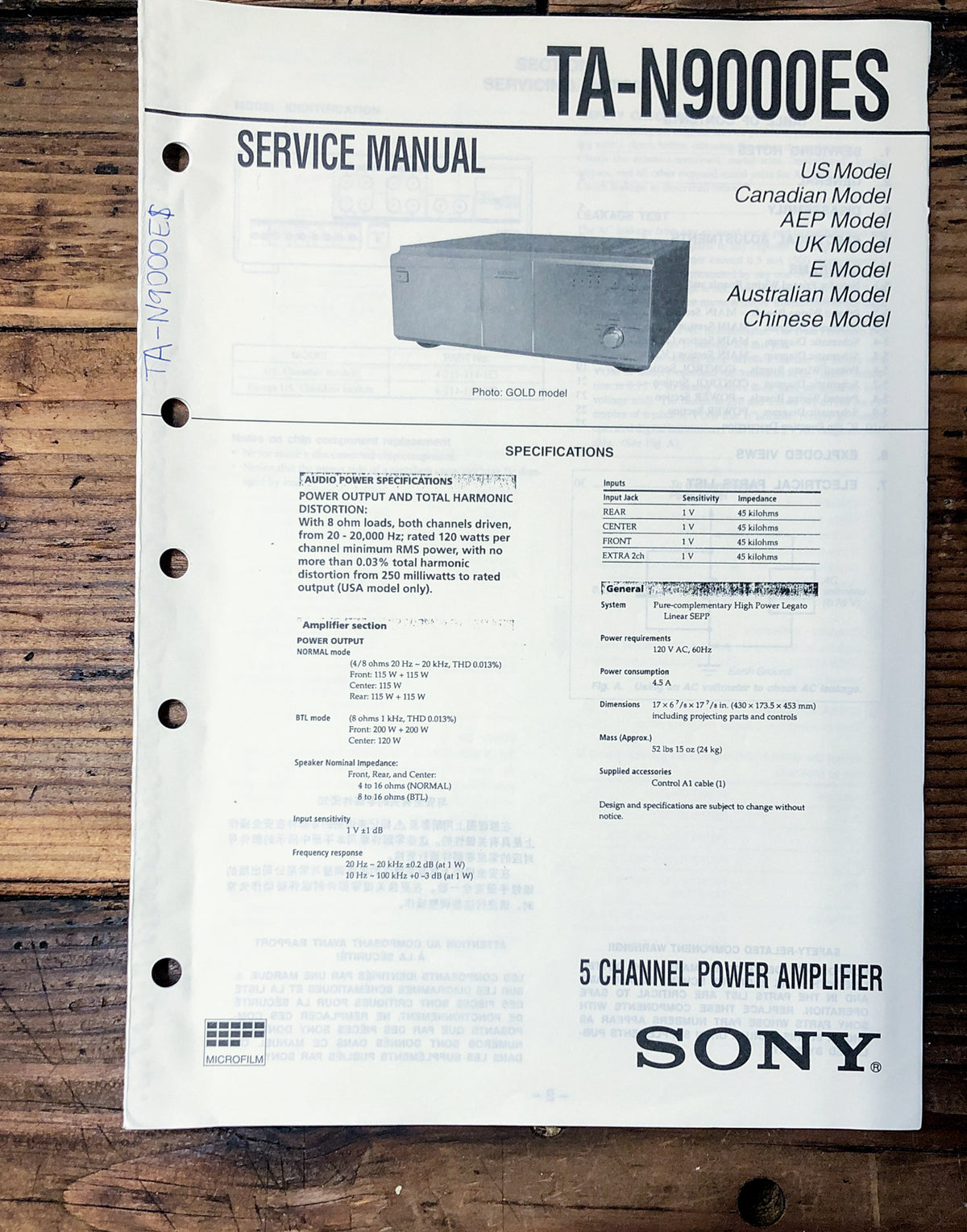 Sony TA-N9000ES Amplifier Service Manual *Original*