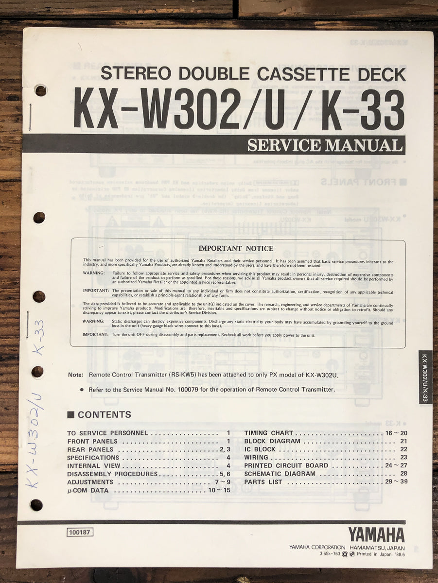 Yamaha KX-W302 K-33 Cassette Service Manual *Original*