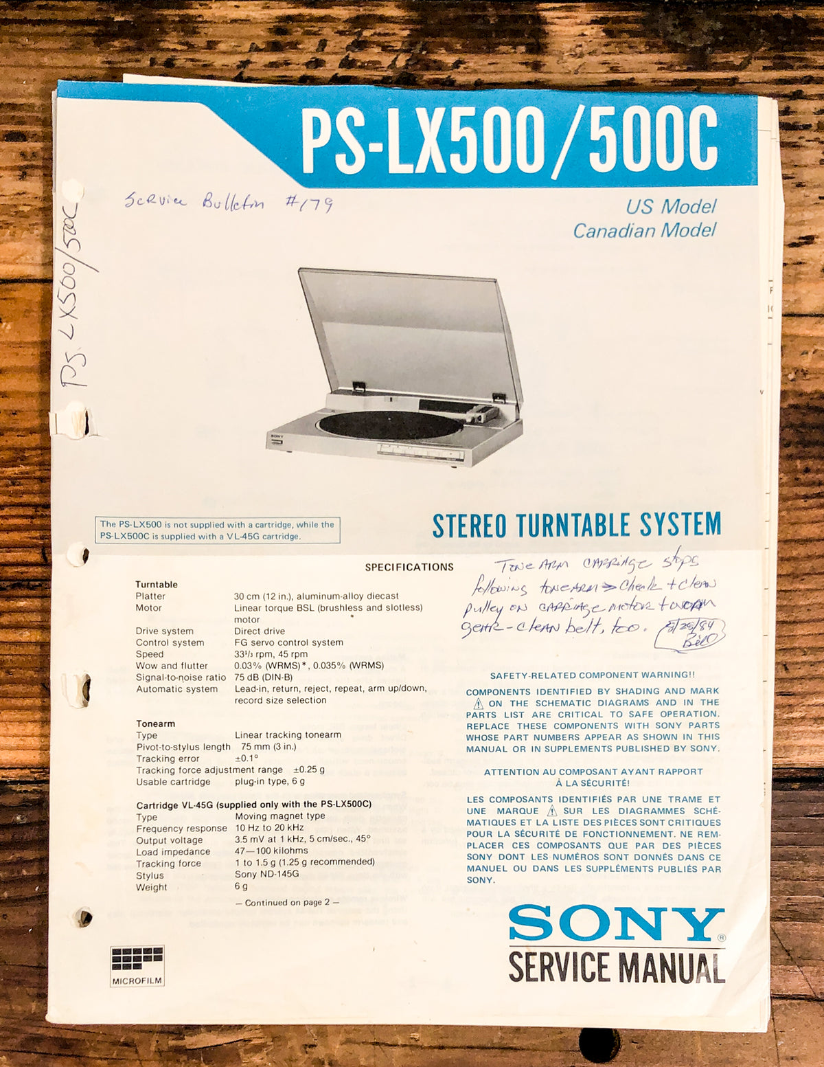 Sony PS-LX500 PS-LX500C Record Player / Turntable Service Manual *Original*
