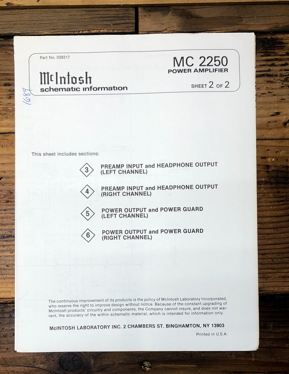McIntosh MC-2250 Amplifier Fold Out Schematic *Original* #2