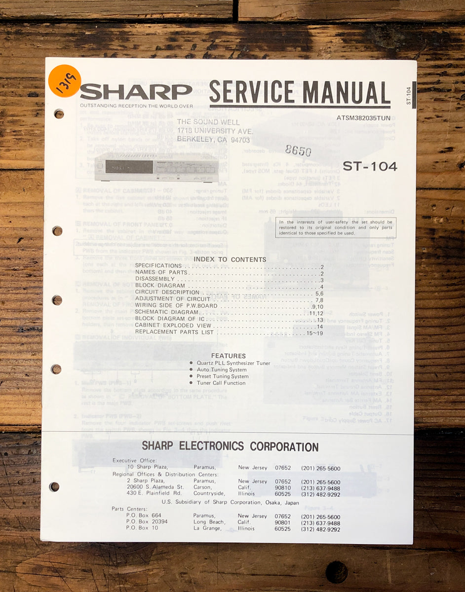 Sharp ST-104 Tuner Service Manual *Original*