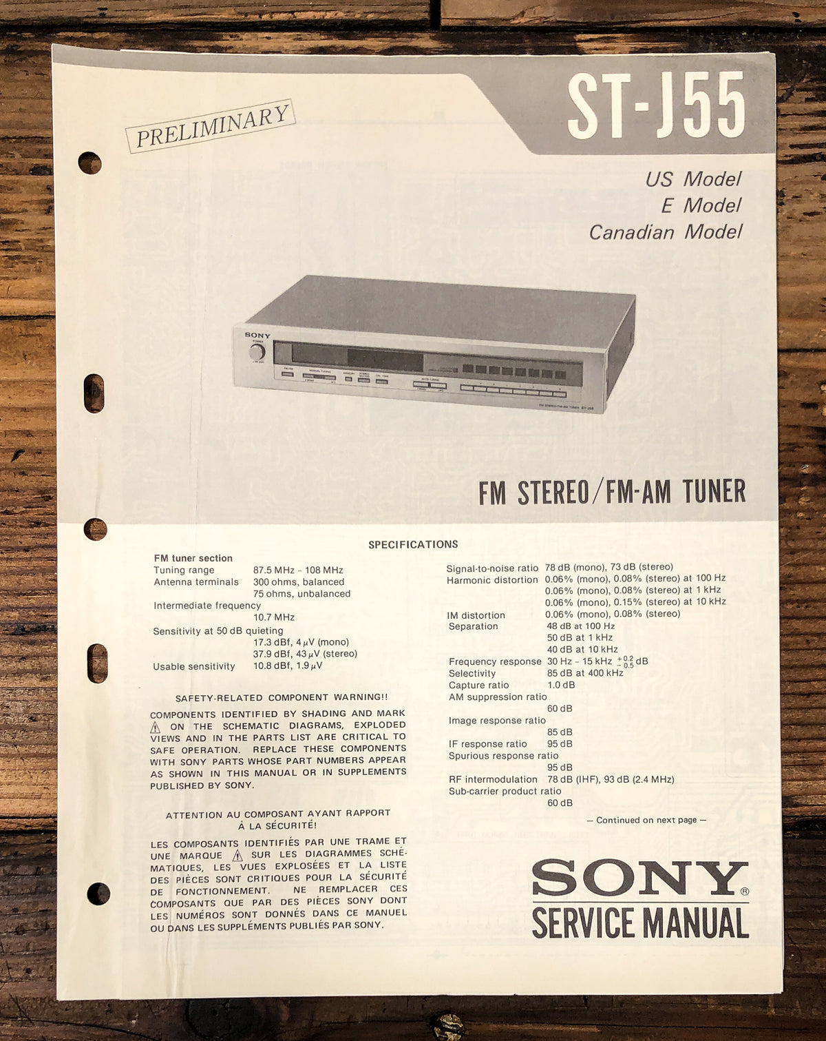 Sony ST-J55 Tuner Prelim. Service Manual *Original*