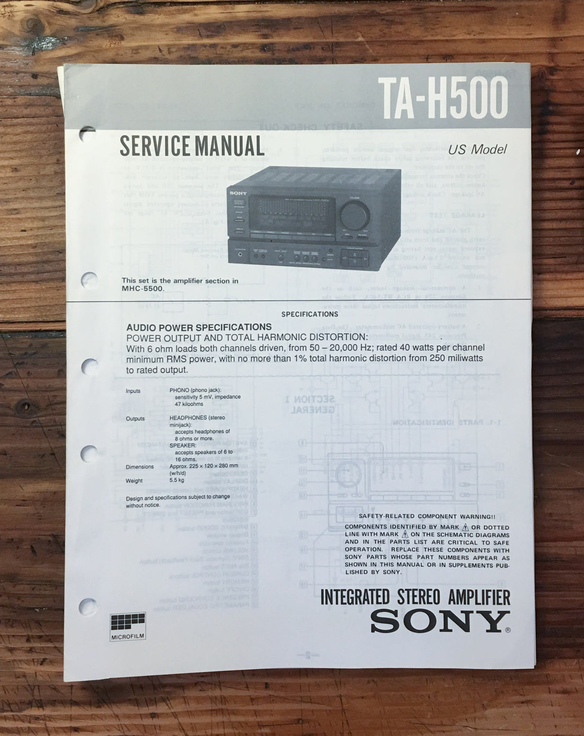 Sony TA-H500 Amplifier Service Manual *Original*