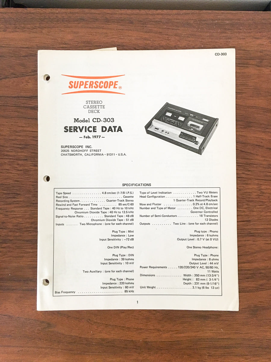 Superscope CD-303 Cassette / Tape Player Service Manual *Original*