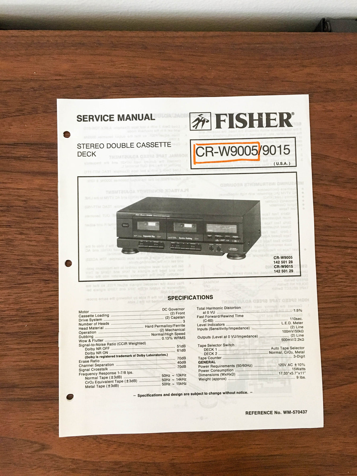 Fisher CR-W9005 CR-W9015 Cassette Service Manual *Original*