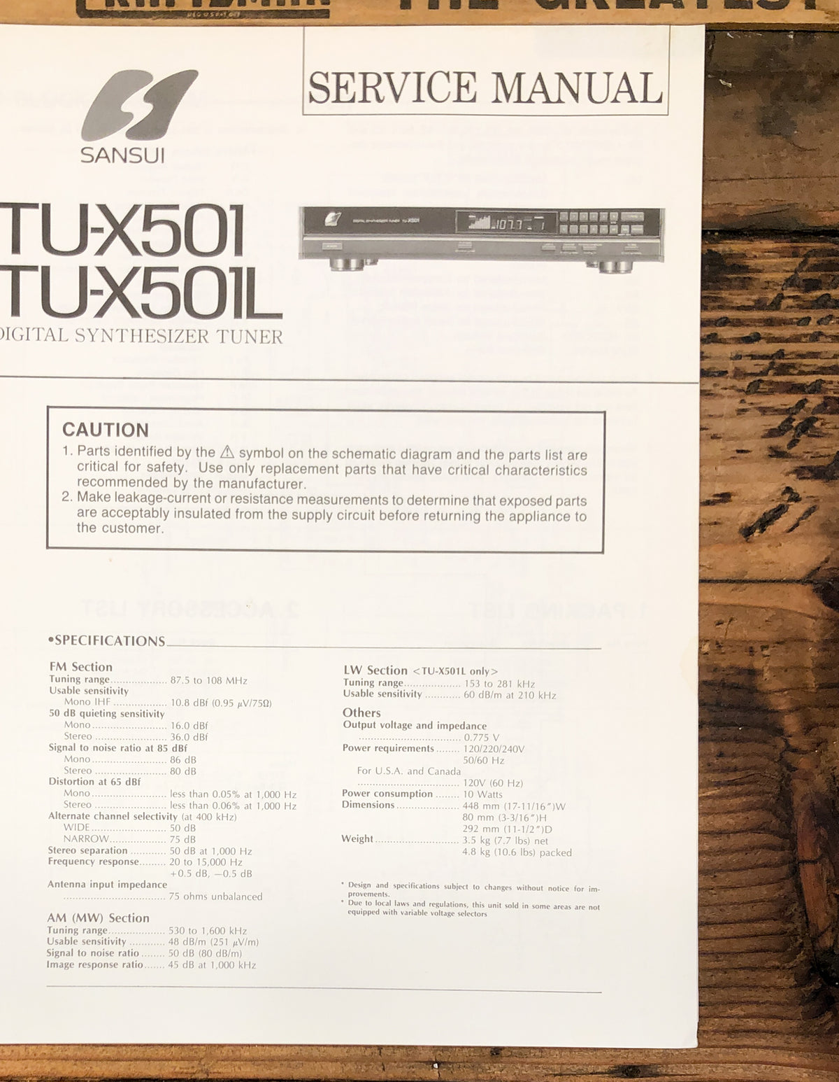 Sansui TU-X501 TU-X501L Tuner Service Manual *Original*