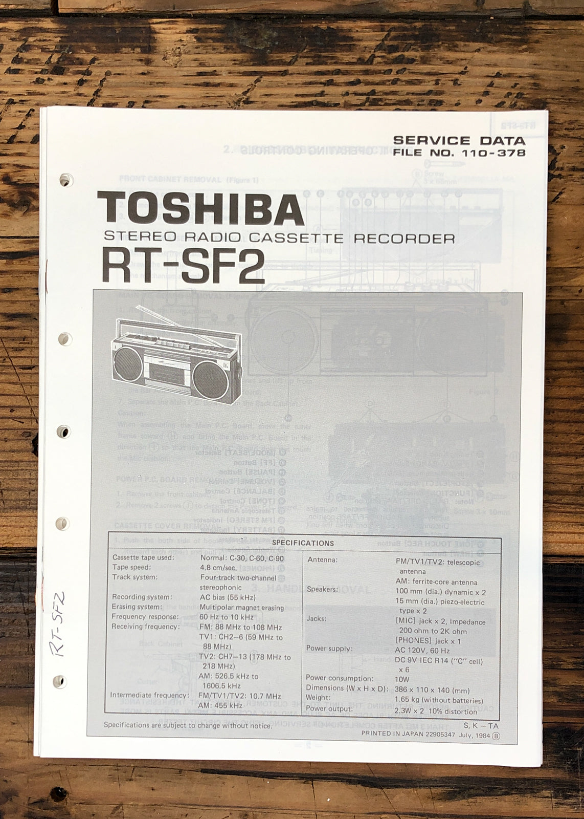 Toshiba RT-SF2 Stereo Service Manual *Original*