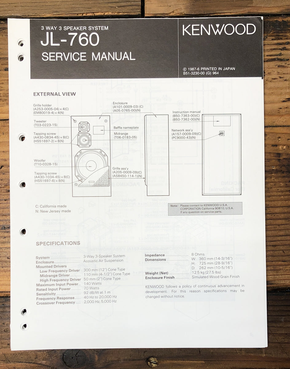 Kenwood JL-760 Speaker Service Manual *Original*