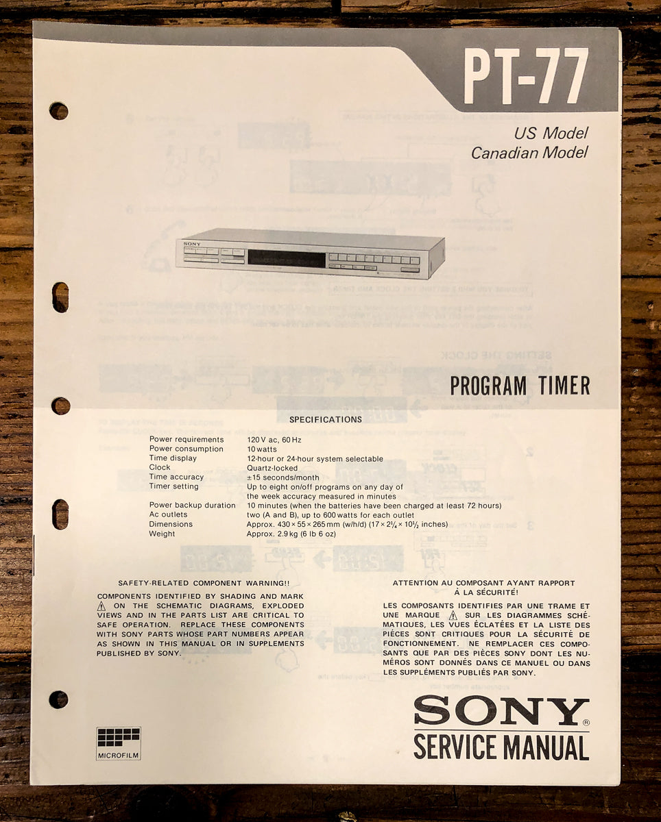 Sony PT-77 Program Timer Service Manual *Original*