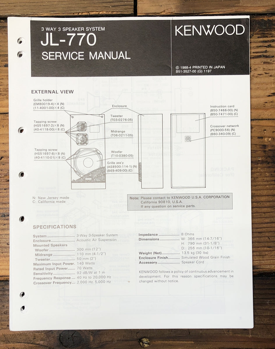 Kenwood JL-770 Speaker Service Manual *Original*
