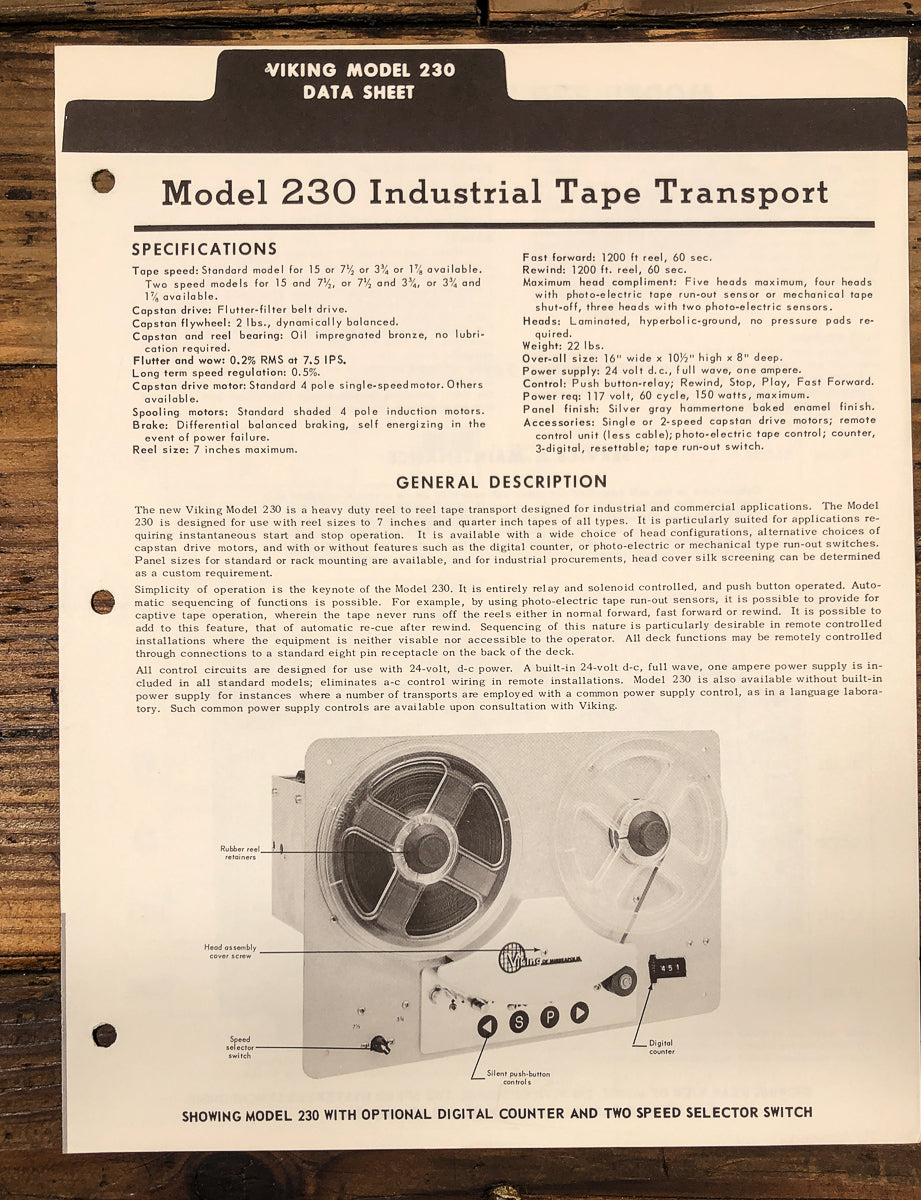 Viking Model 230 Reel to Reel Data Sheet Brochure *Original*