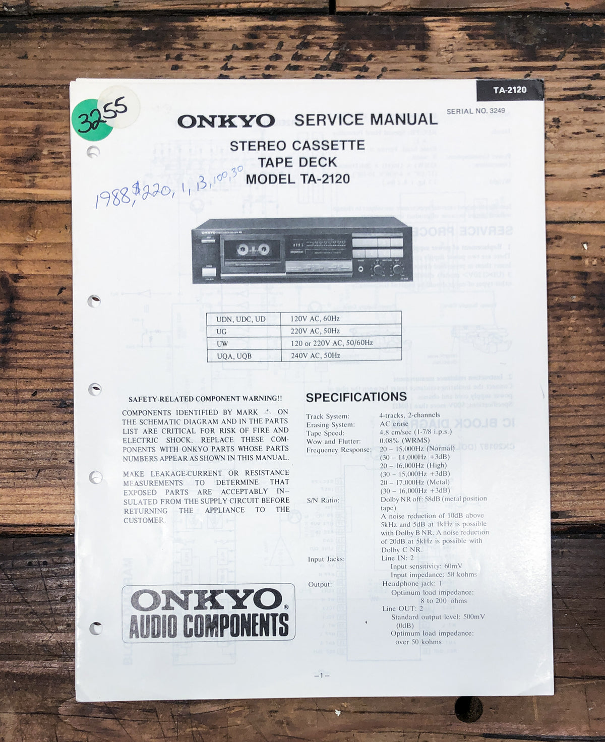 Onkyo TA-2120 Cassette Service Manual *Original*