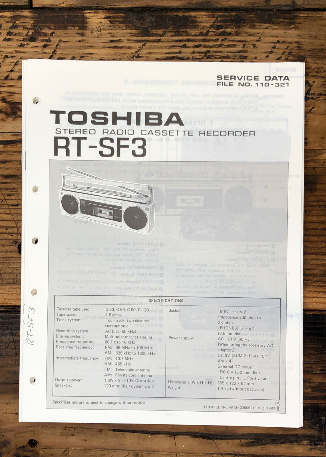 Toshiba RT-SF3 Stereo Service Manual *Original*